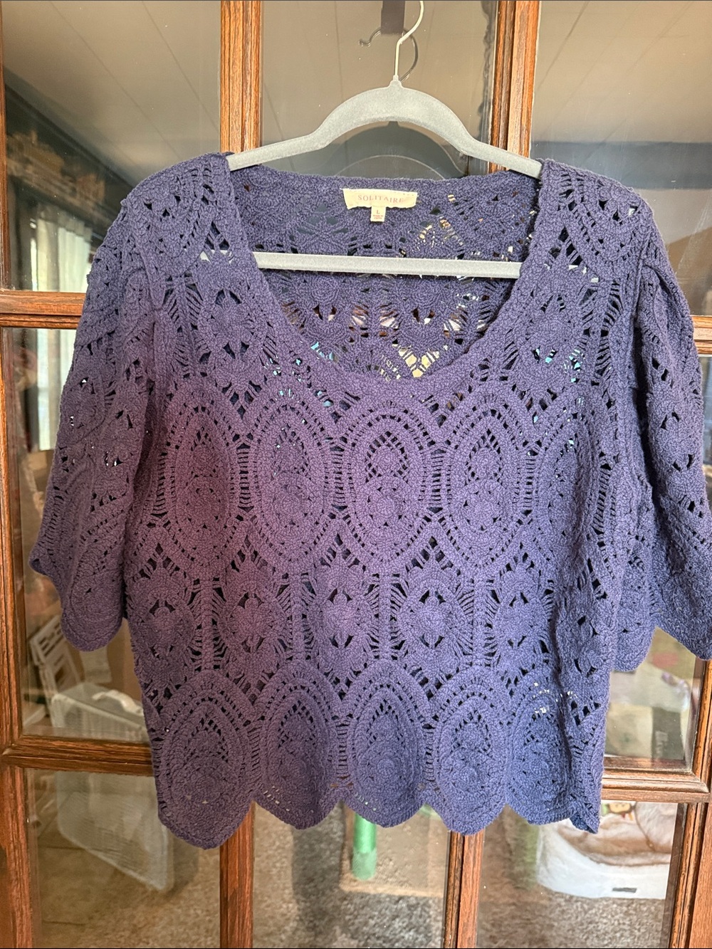 Solitaire Navy Crochet Knit V-Neck Scalloped Boho Womens  Size Large Cottagecore